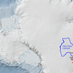 A NASA satellite image of the Totten Glacier, with the critical catchment area highlighted.